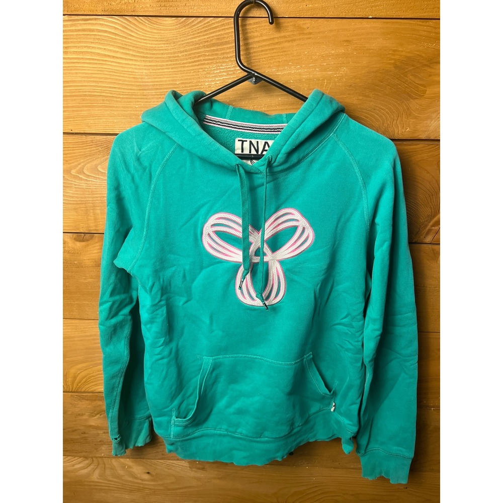 TNA Women's Teal Green‎ Hoodie Logo Graphic Pullover Sweatshirt Large Distressed